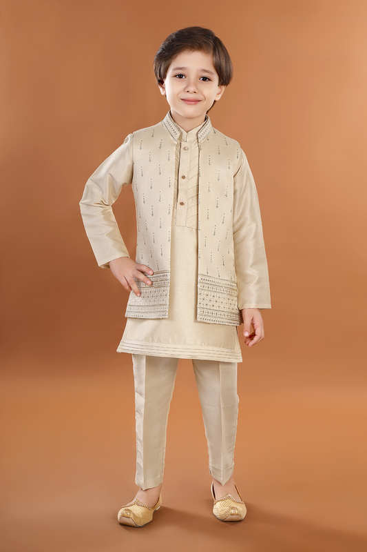 Fawn Sherwani Set With Sequin Embroidery For Boys