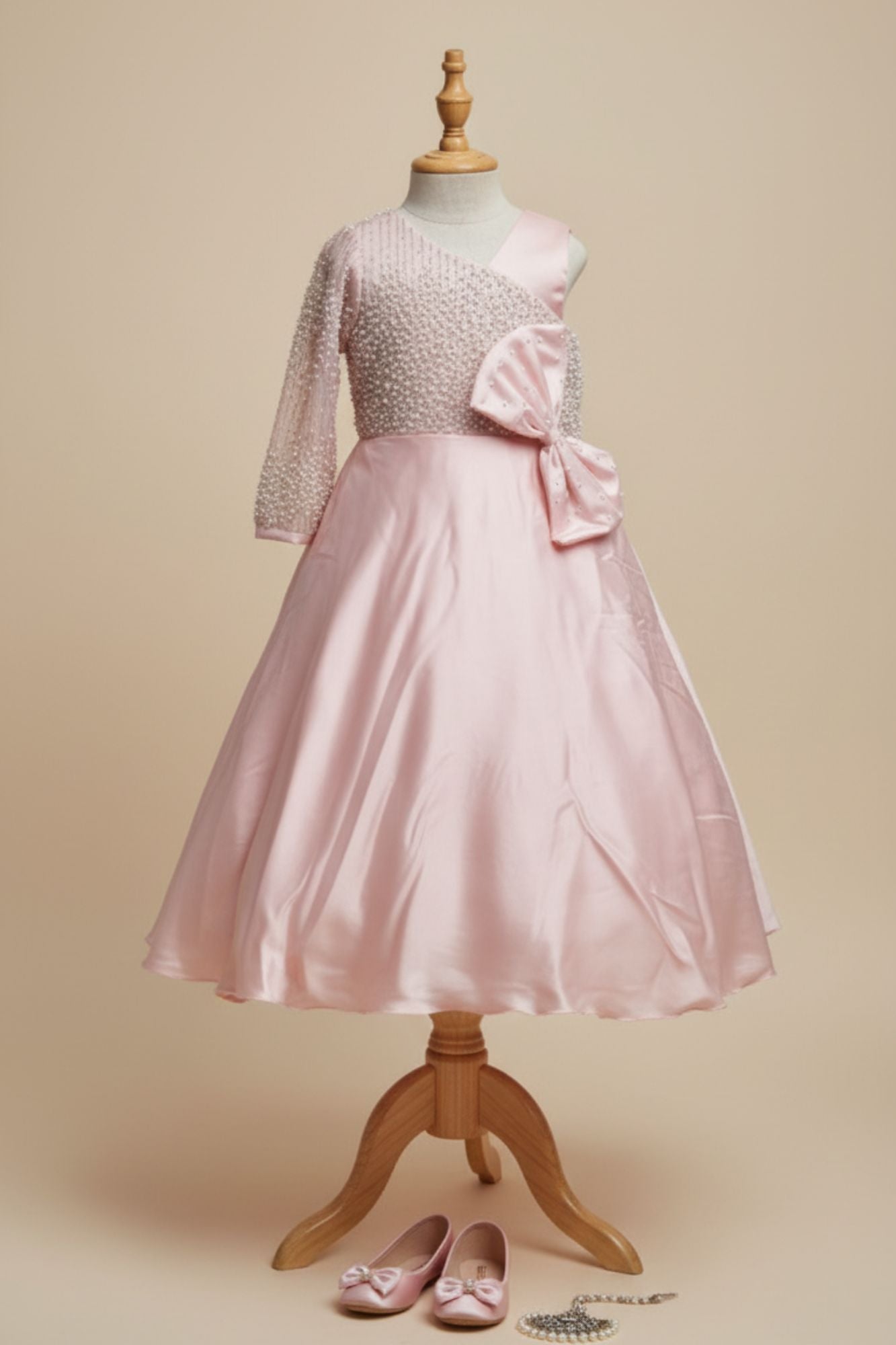 Designer Baby Pink One-Shoulder Pearl Embellished Party Gown