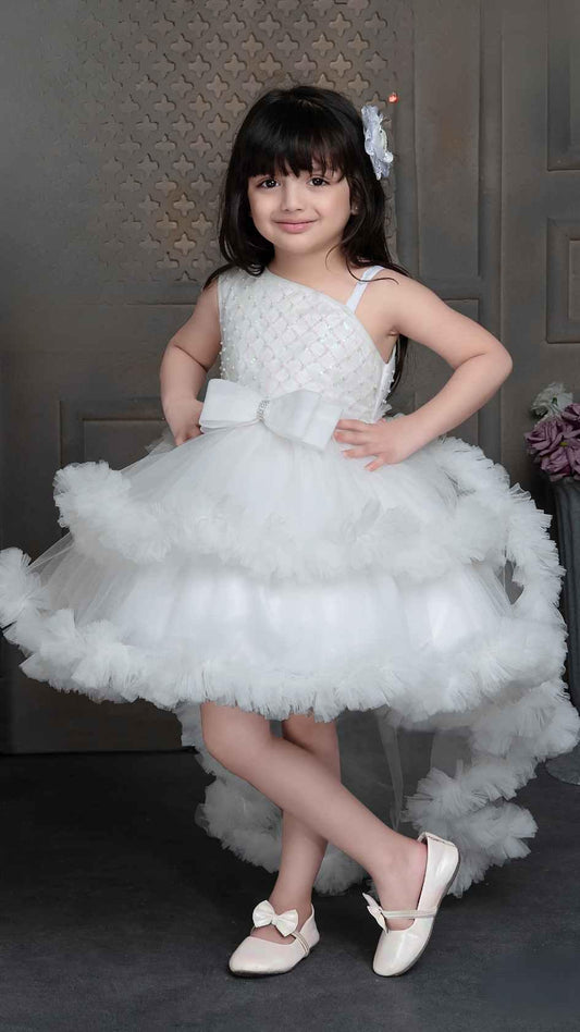 White Tailback Frock With Bow For Girls - Lagorii Kids