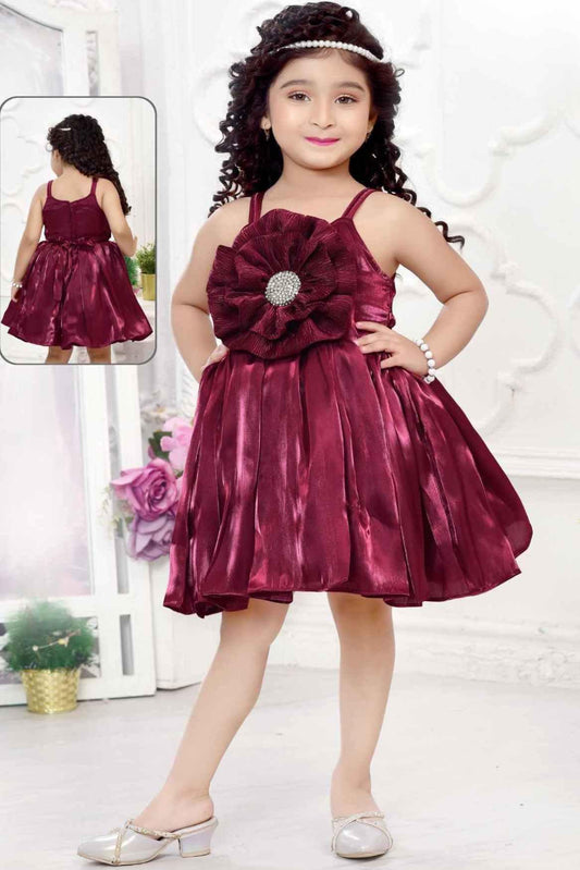 Designer Satin Maroon Frock With Floral Embellishment For Girls