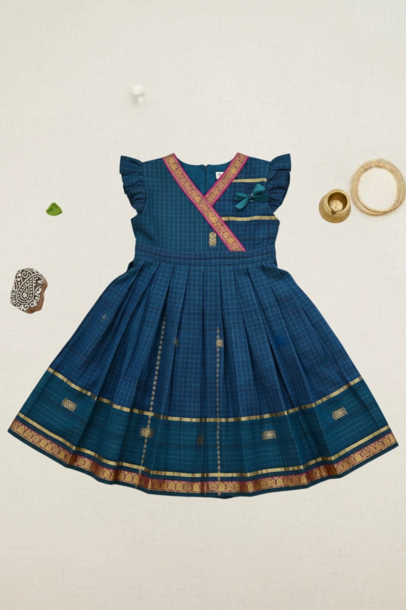 Bottle Green Traditional Dress with Zari Border For Girls