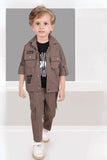Brown And Black 3-Piece Utility Style Set with Cargo Pants For Boys