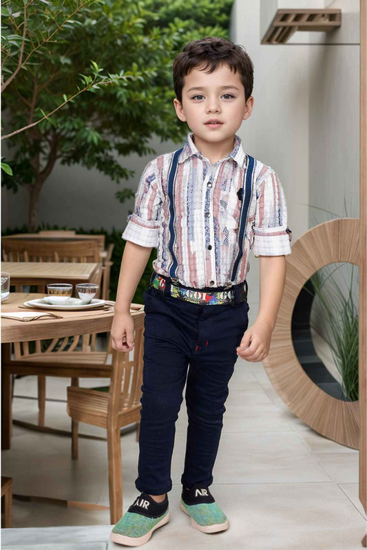 Multicolor Shirt And Pant With Suspenders Set For Boys