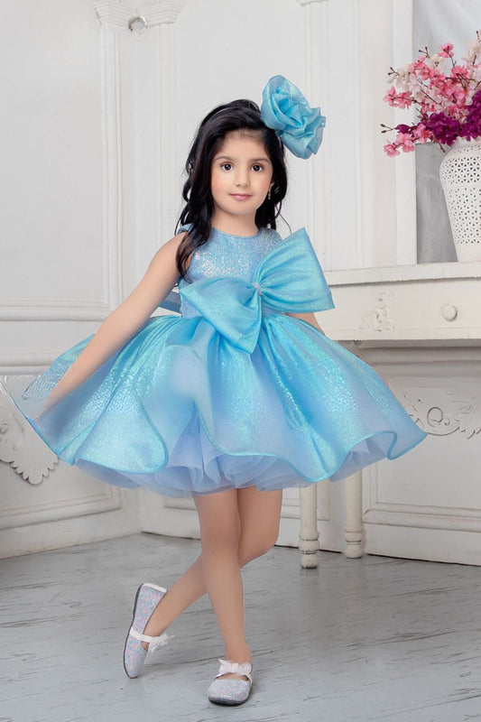 Blue Shimmer Organza Frock With Embellished Bow For Girls