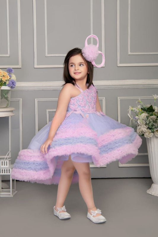 Designer Pink And Blue Frock With Butterfly Embellishments For Girls