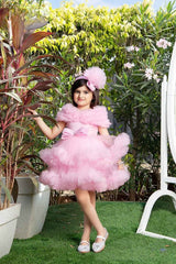 Pink Net Frock With Ruffled Sleeves For Girls