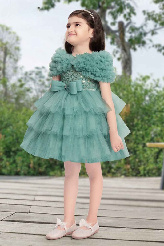 Turquoise Green Net Frock With Ruffled Sleeves For Girls