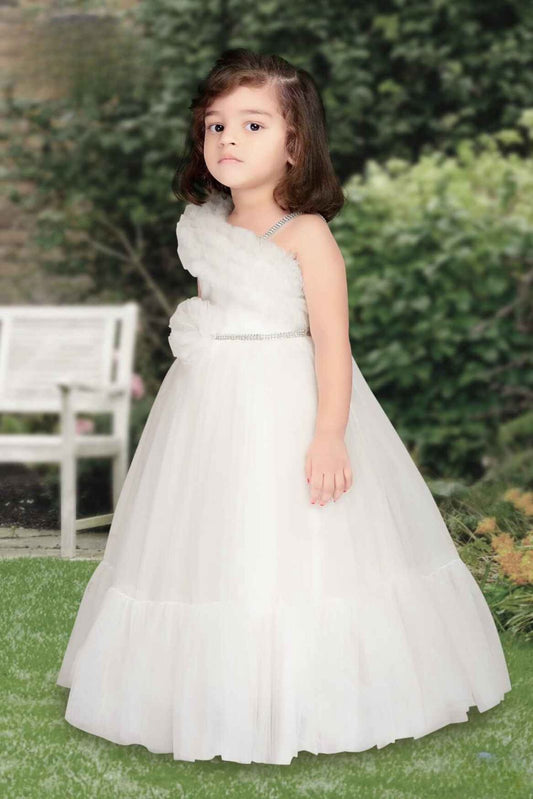 White One Side Ruffled Sleeve Gown With Floral Embellishments For Girl