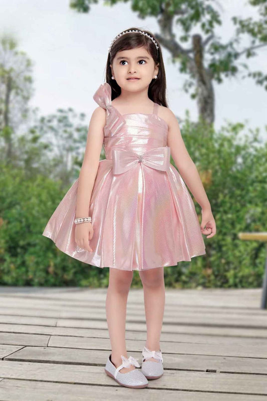 Pink Shimmer Organza Frock With Embellished Bow For Girls