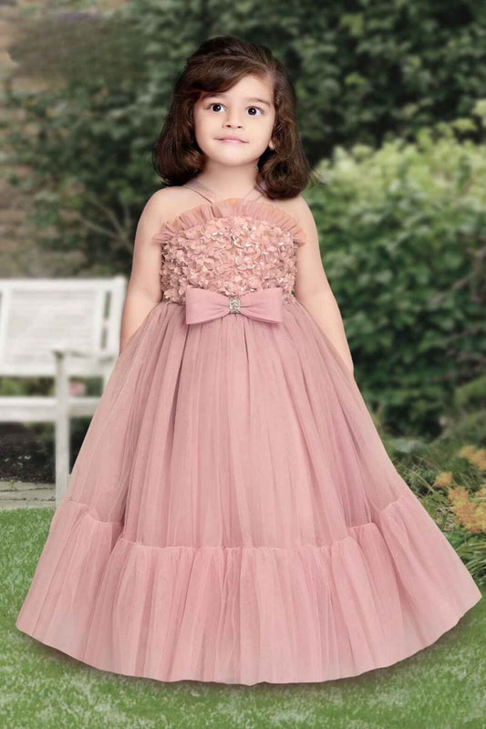 Designer Pink Gown With Bow Embellishments For Girls