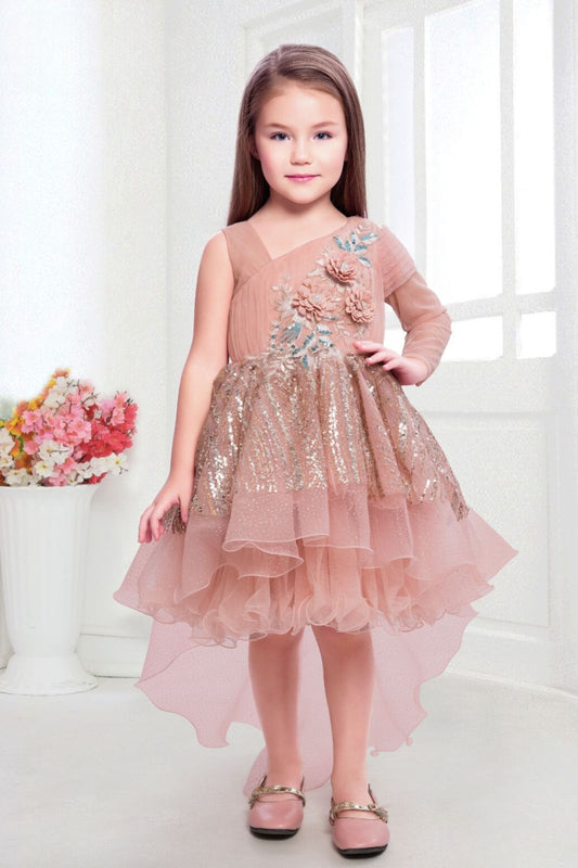 Shimmer Peach Tailback Frock With Floral Embellishments For Girls