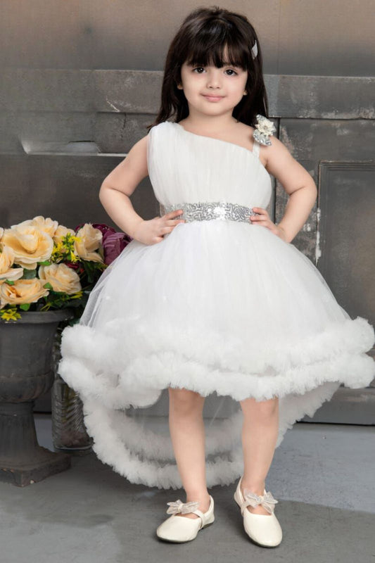 White Net Tailback Party Wear Frock With Bow Embellishment For Girls
