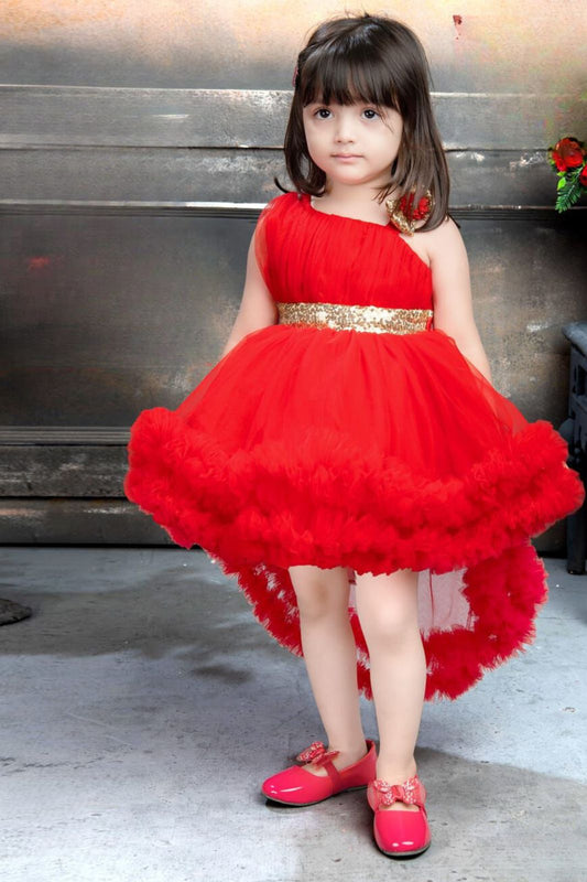 Red Net Tailback Party Wear Frock With Bow Embellishment For Girls