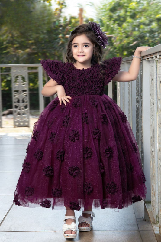 Designer Wine Gown With Floral Embellishments For Girls