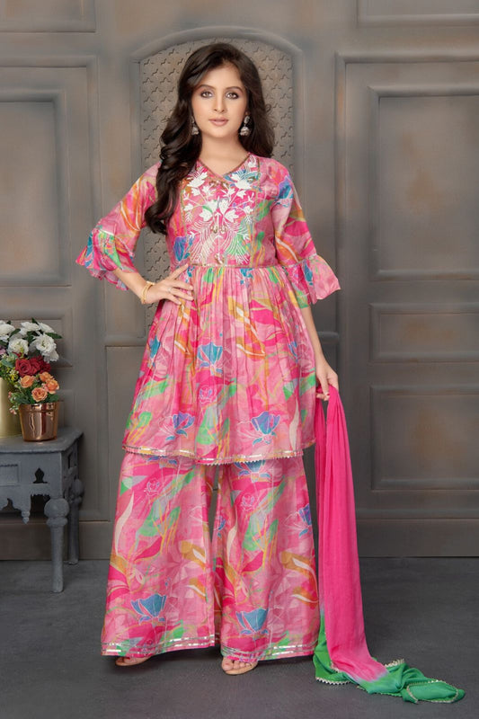 Pink Printed Sharara Set With Ruffled Sleeves For Girls