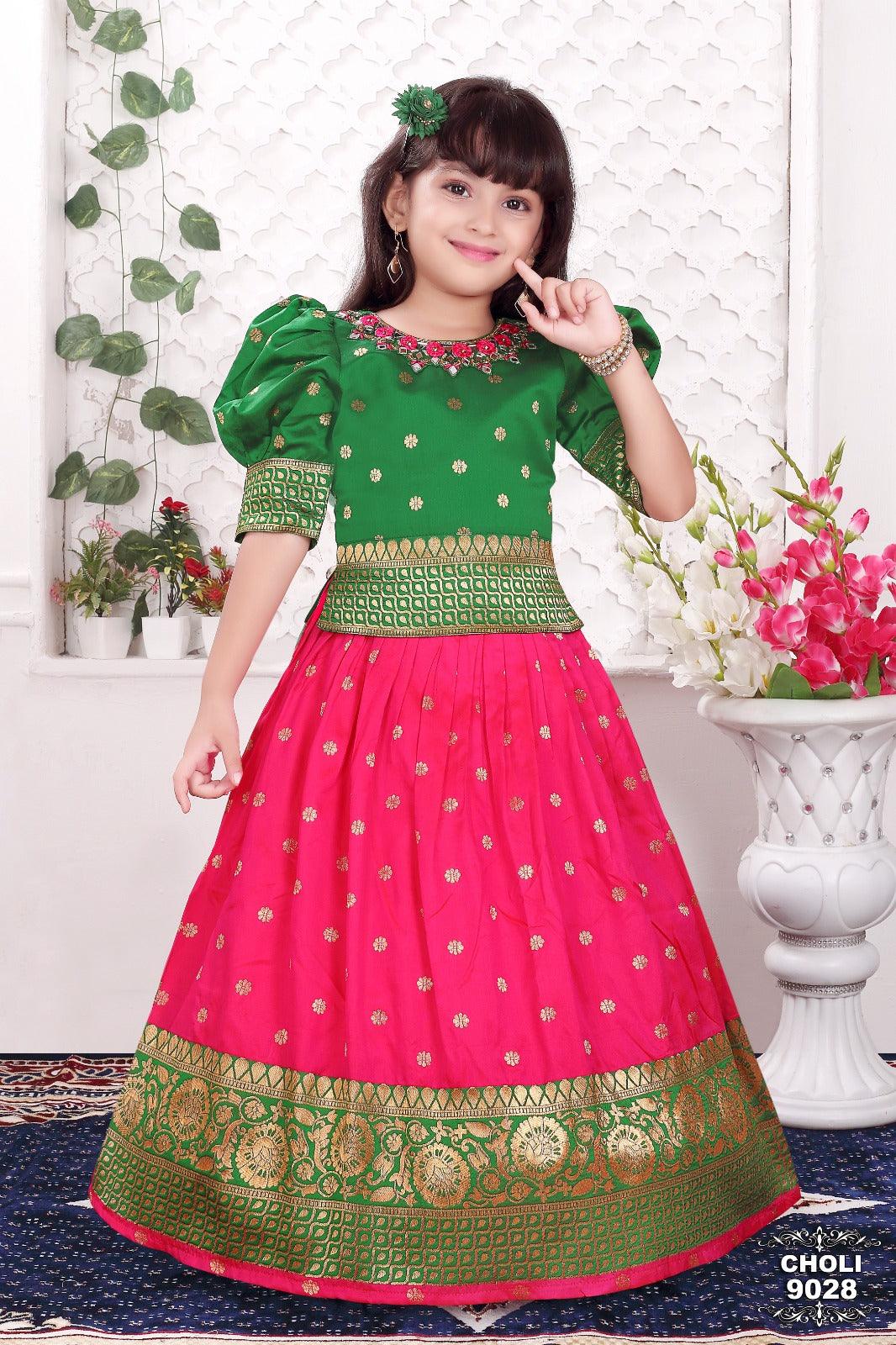 Green And Pink Banarasi Silk pattu Lehenga-Choli Set For Girls - Lagorii Kids