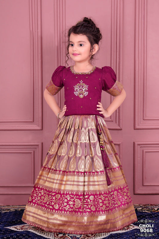 Dark Pink Banarasi Silk Pattu Pavadai With Gold Foil Print For Girls