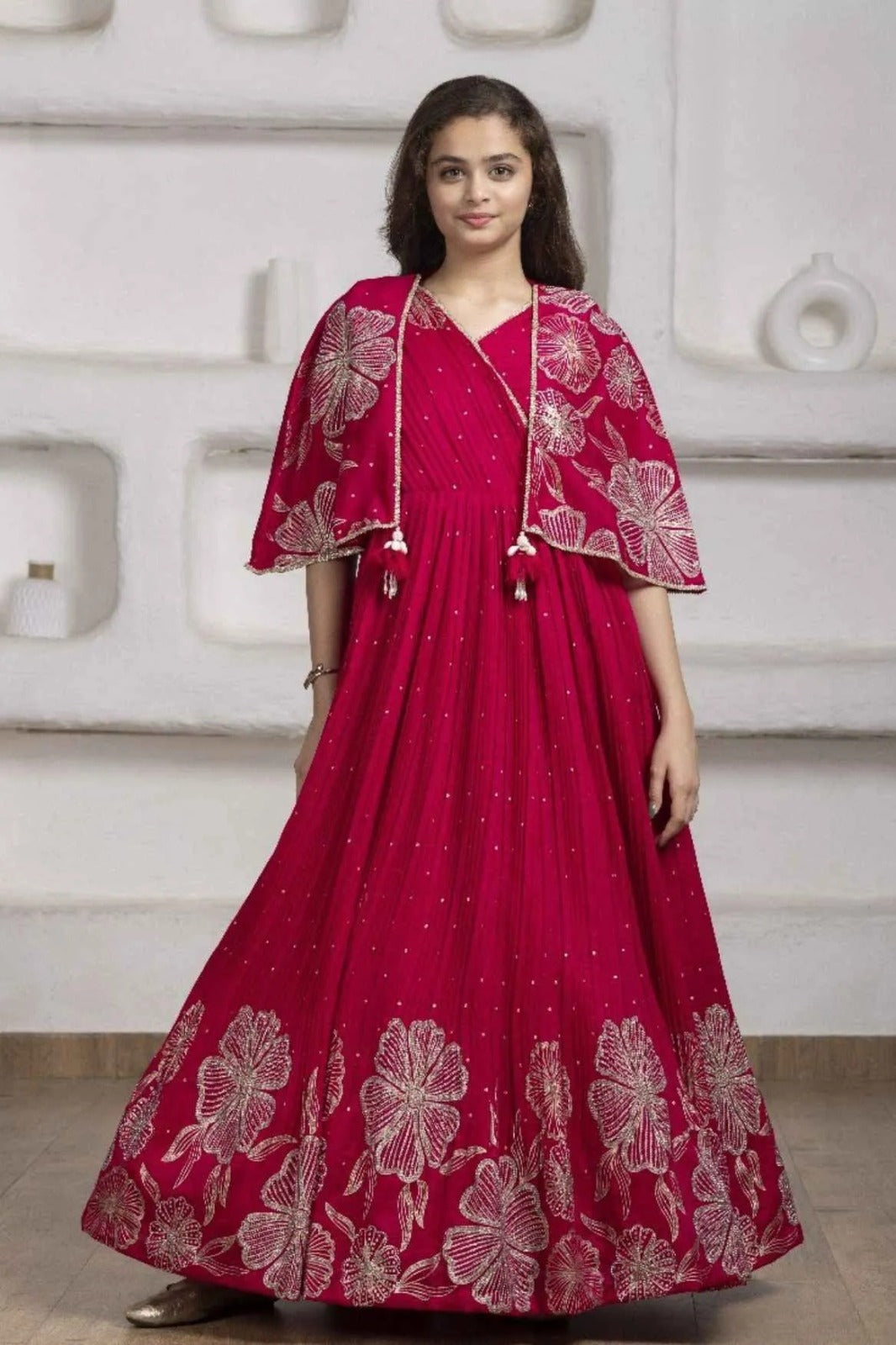 Crimson Red Floral Embroidered Cape Gown For Girls