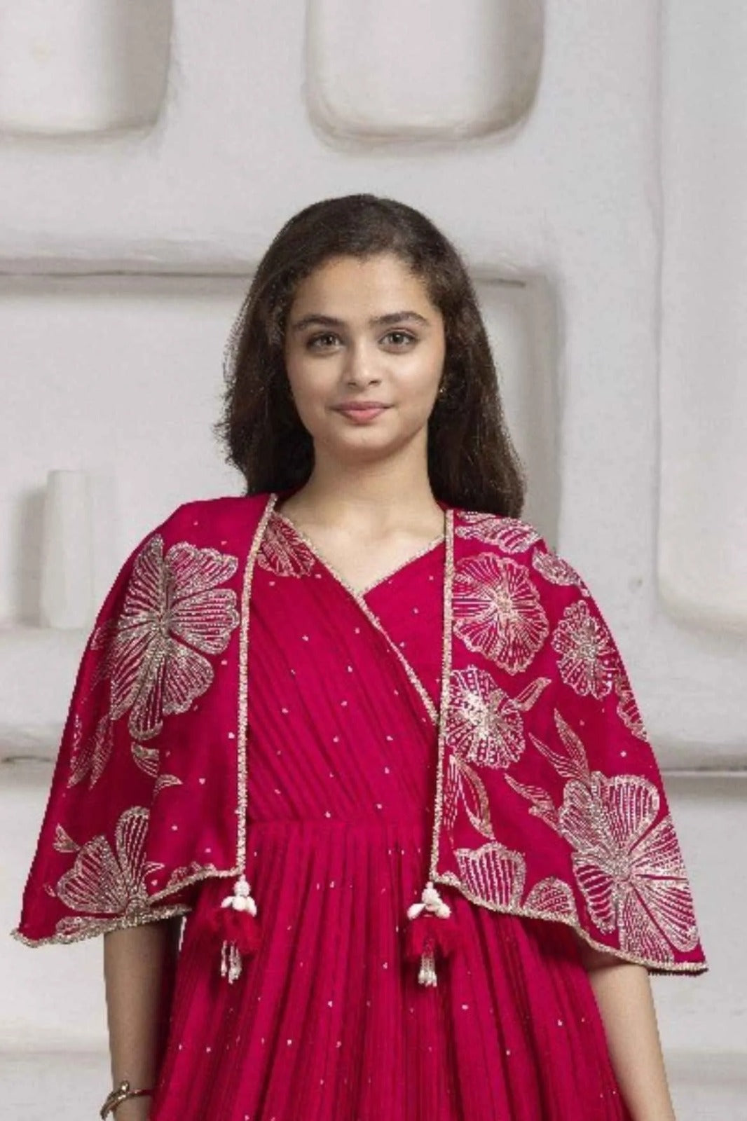Crimson Red Floral Embroidered Cape Gown For Girls