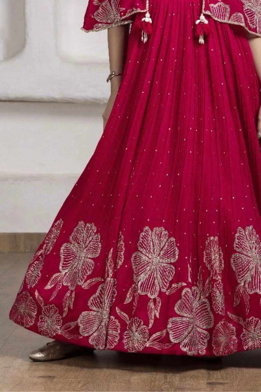 Crimson Red Floral Embroidered Cape Gown For Girls