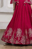 Crimson Red Floral Embroidered Cape Gown For Girls