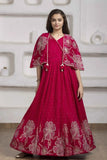 Crimson Red Floral Embroidered Cape Gown For Girls