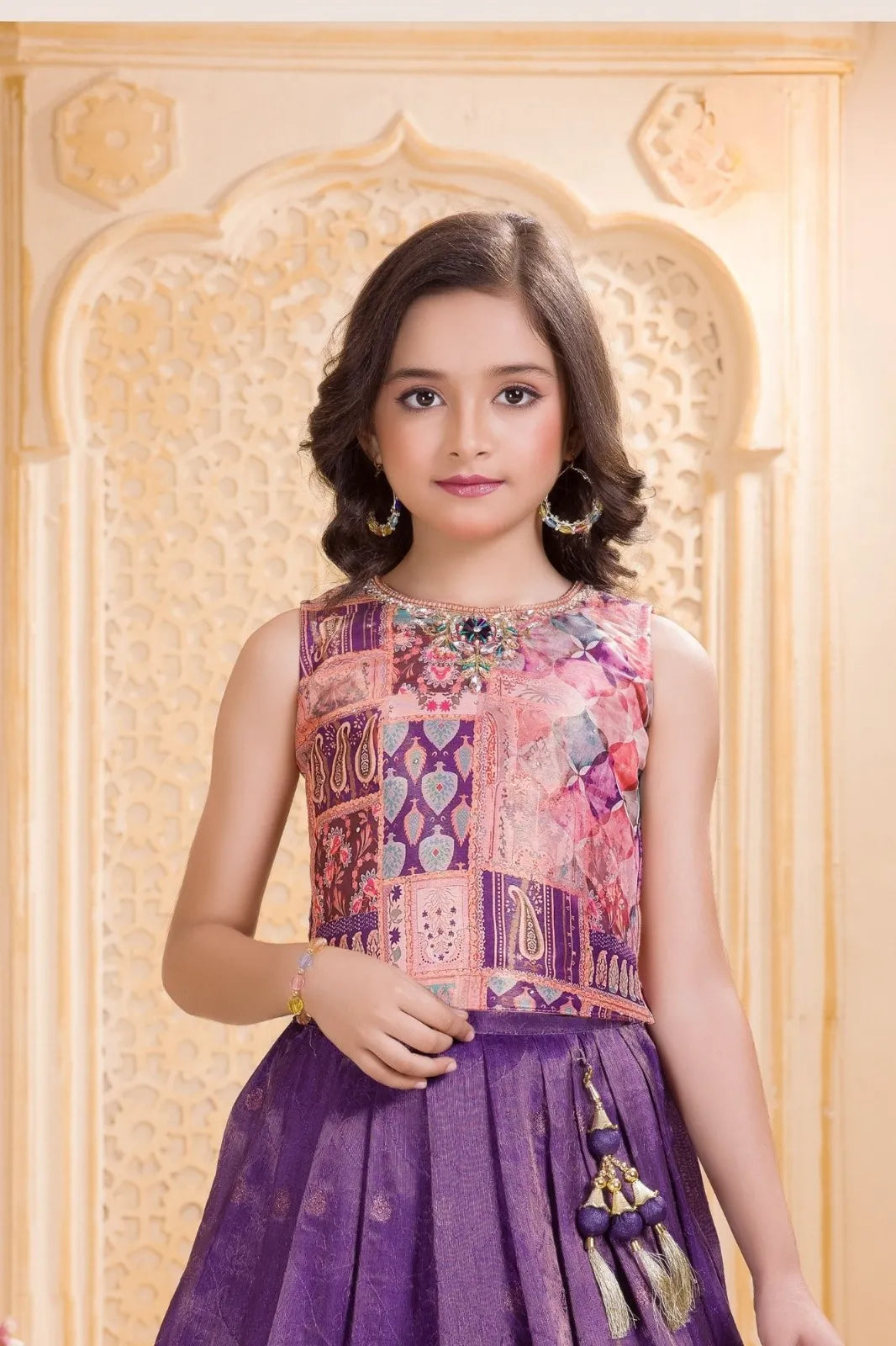 Purple Patchwork Lehenga Choli Set with Dupatta For Girls