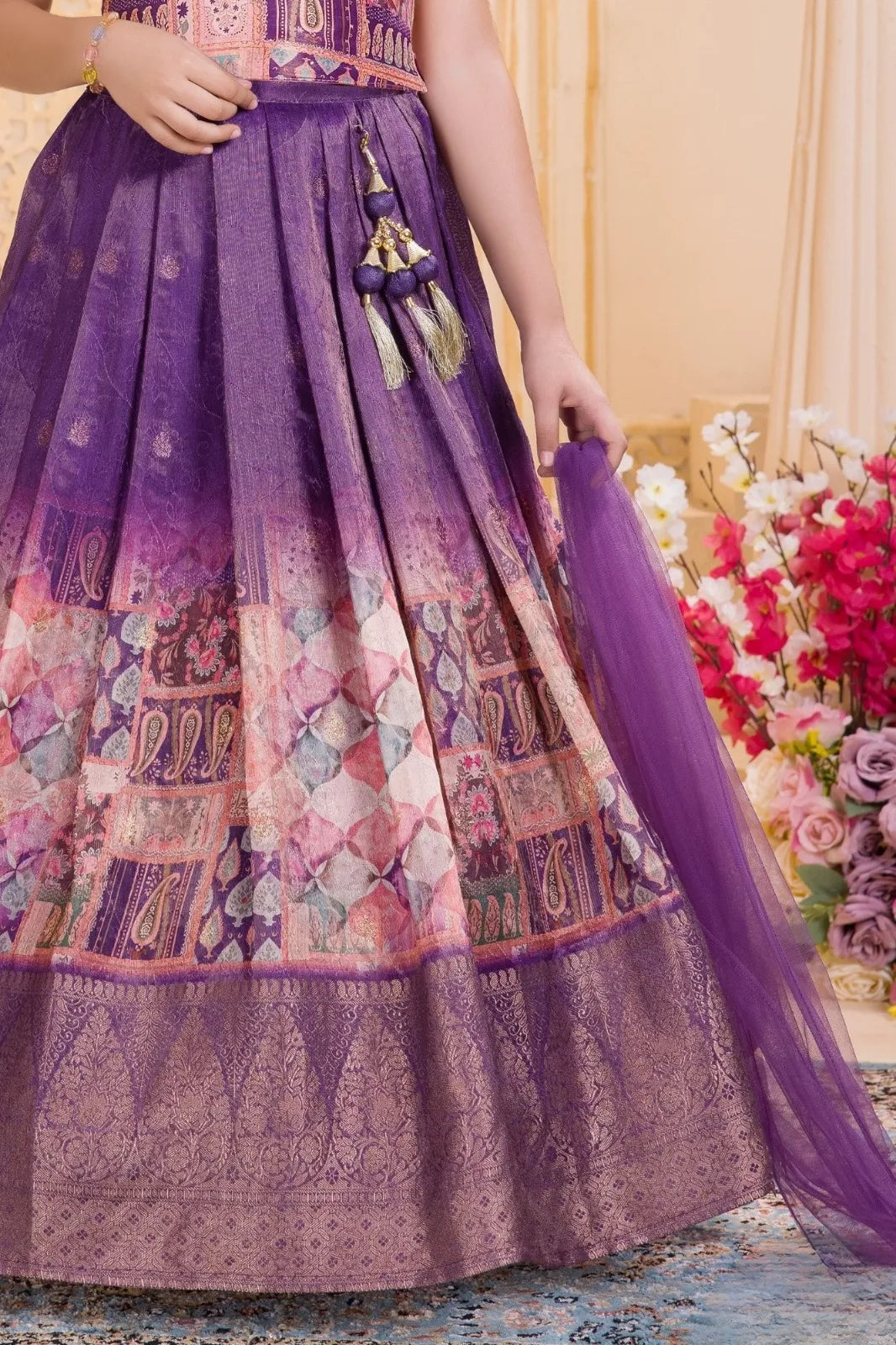 Purple Patchwork Lehenga Choli Set with Dupatta For Girls