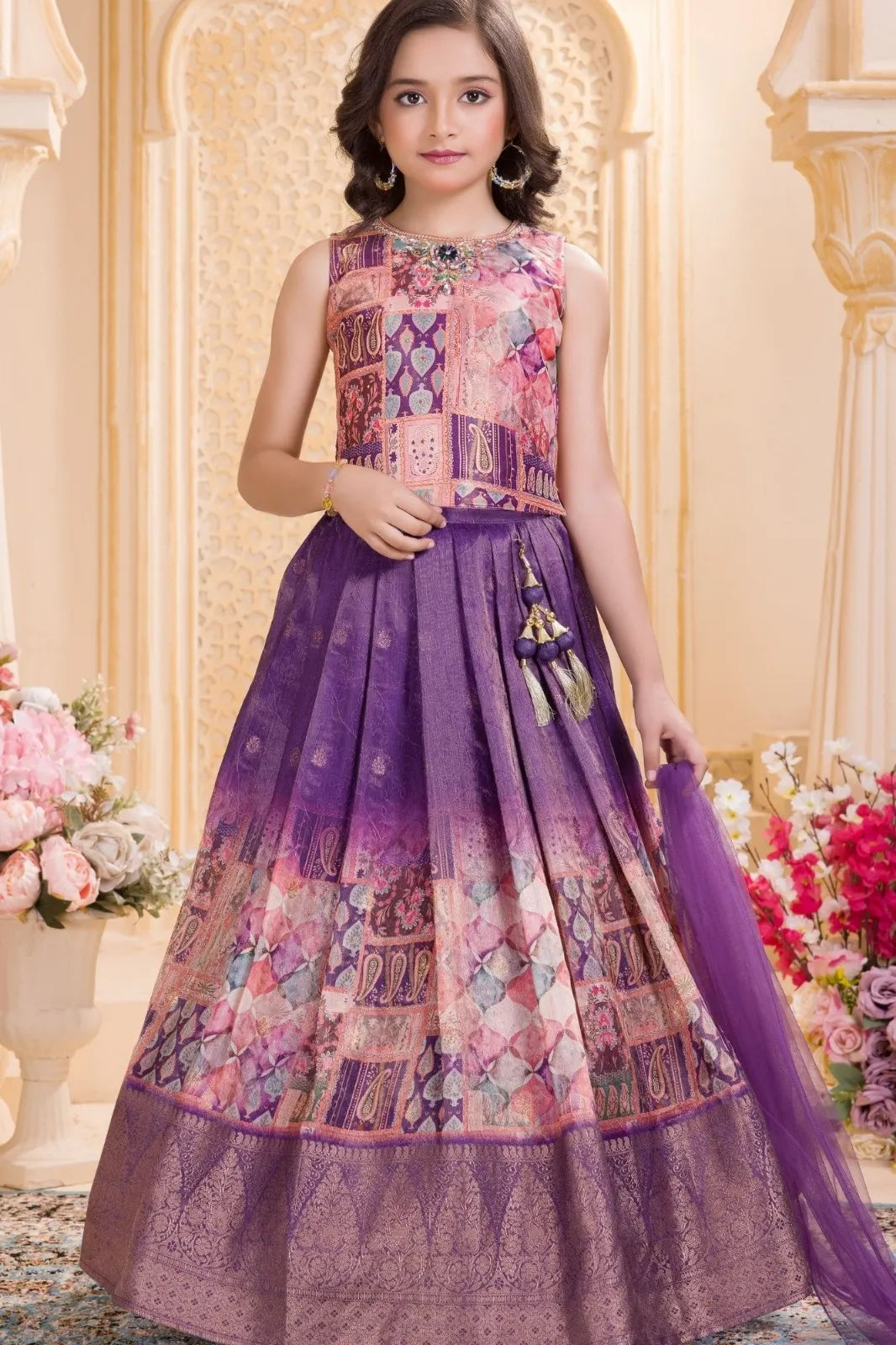 Purple Patchwork Lehenga Choli Set with Dupatta For Girls