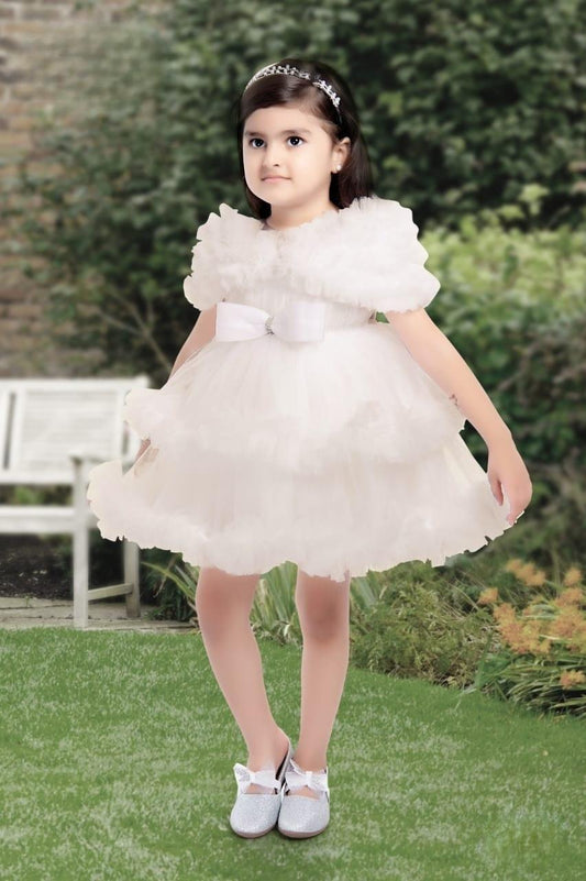 White Net Frock With Ruffled Sleeves For Girls - Lagorii Kids