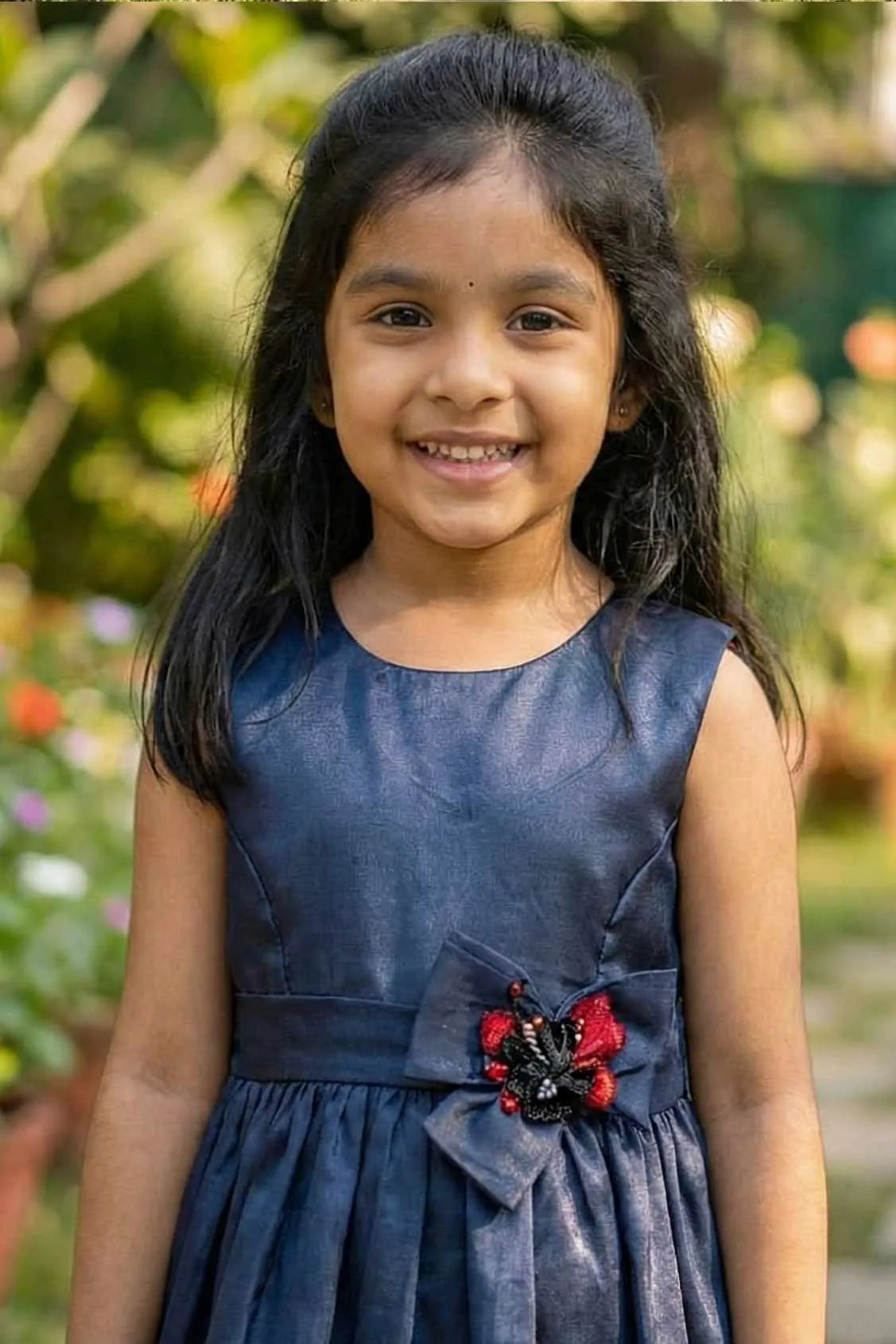 Navy Blue Floral Embellished Frock For Girls