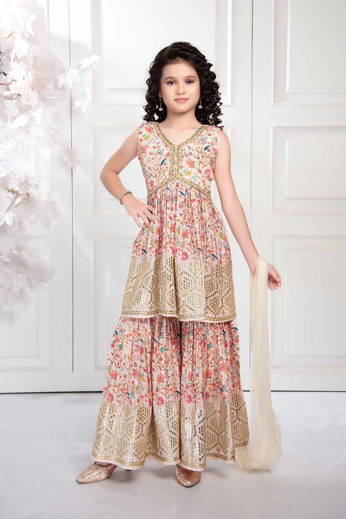 Adorable Cream Aliya Cut Sharara Set for Girls. - Lagorii Kids