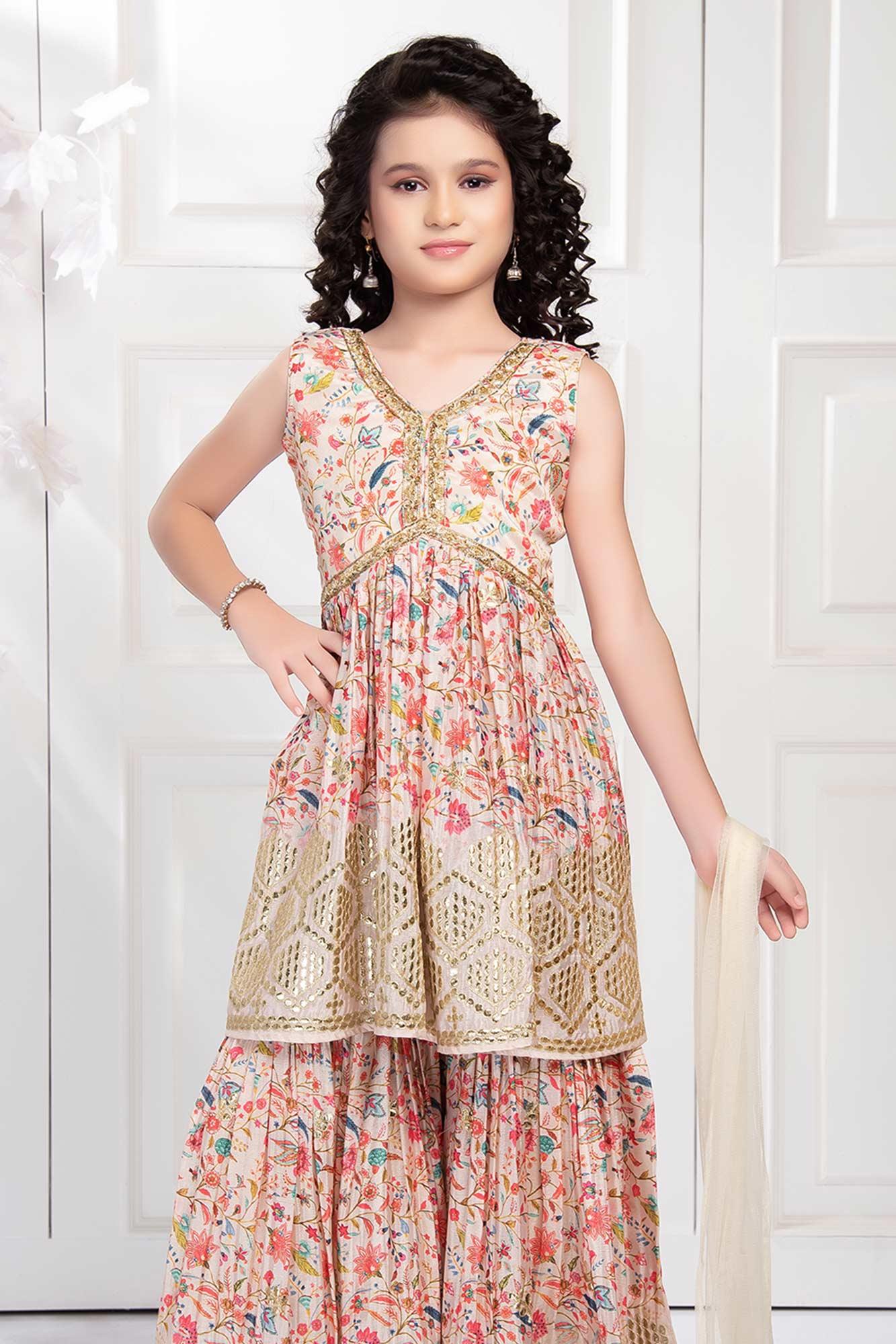 Adorable Cream Aliya Cut Sharara Set for Girls. - Lagorii Kids