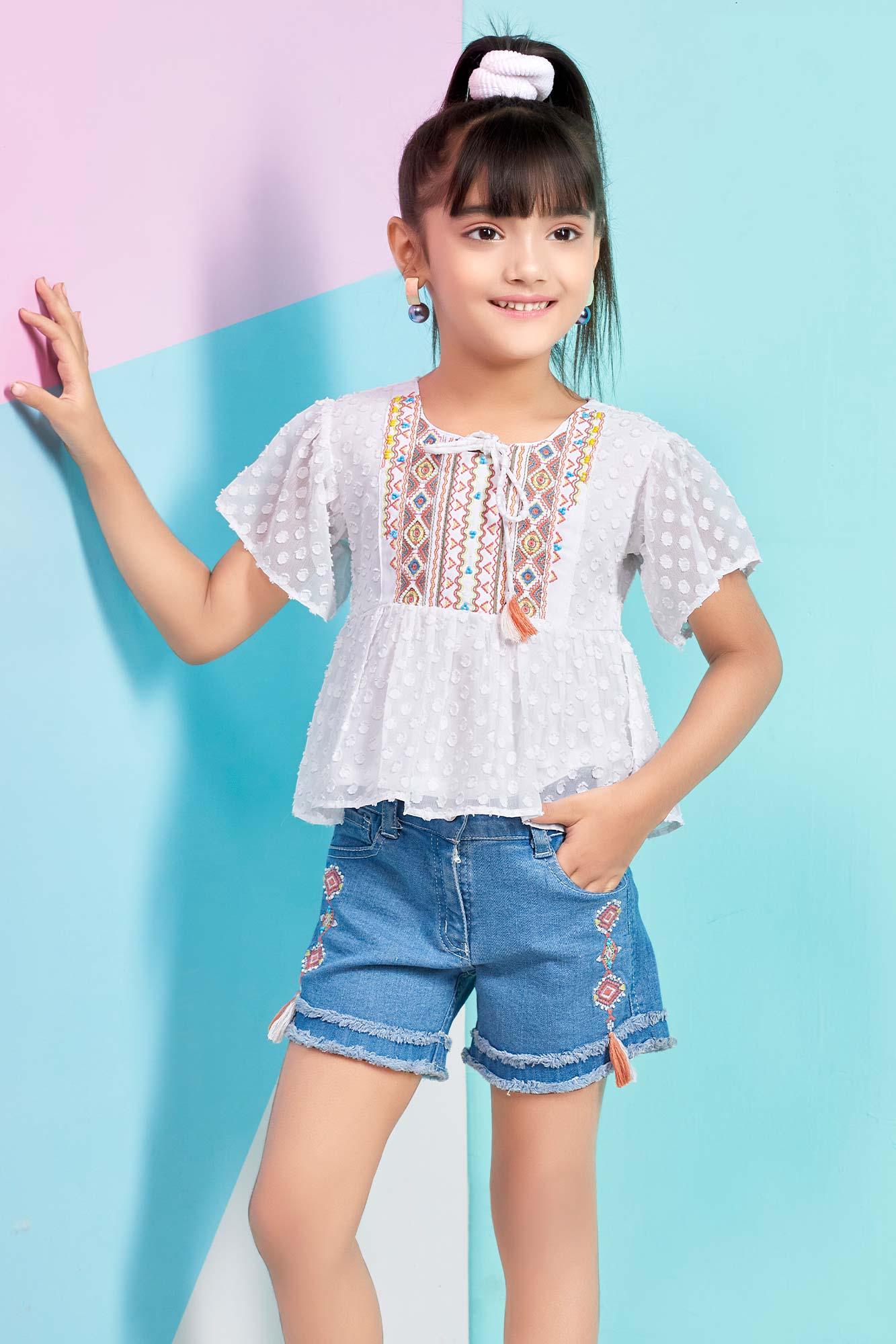 Adorable White Top and Denim Shorts Set for Little Girls - Lagorii Kids