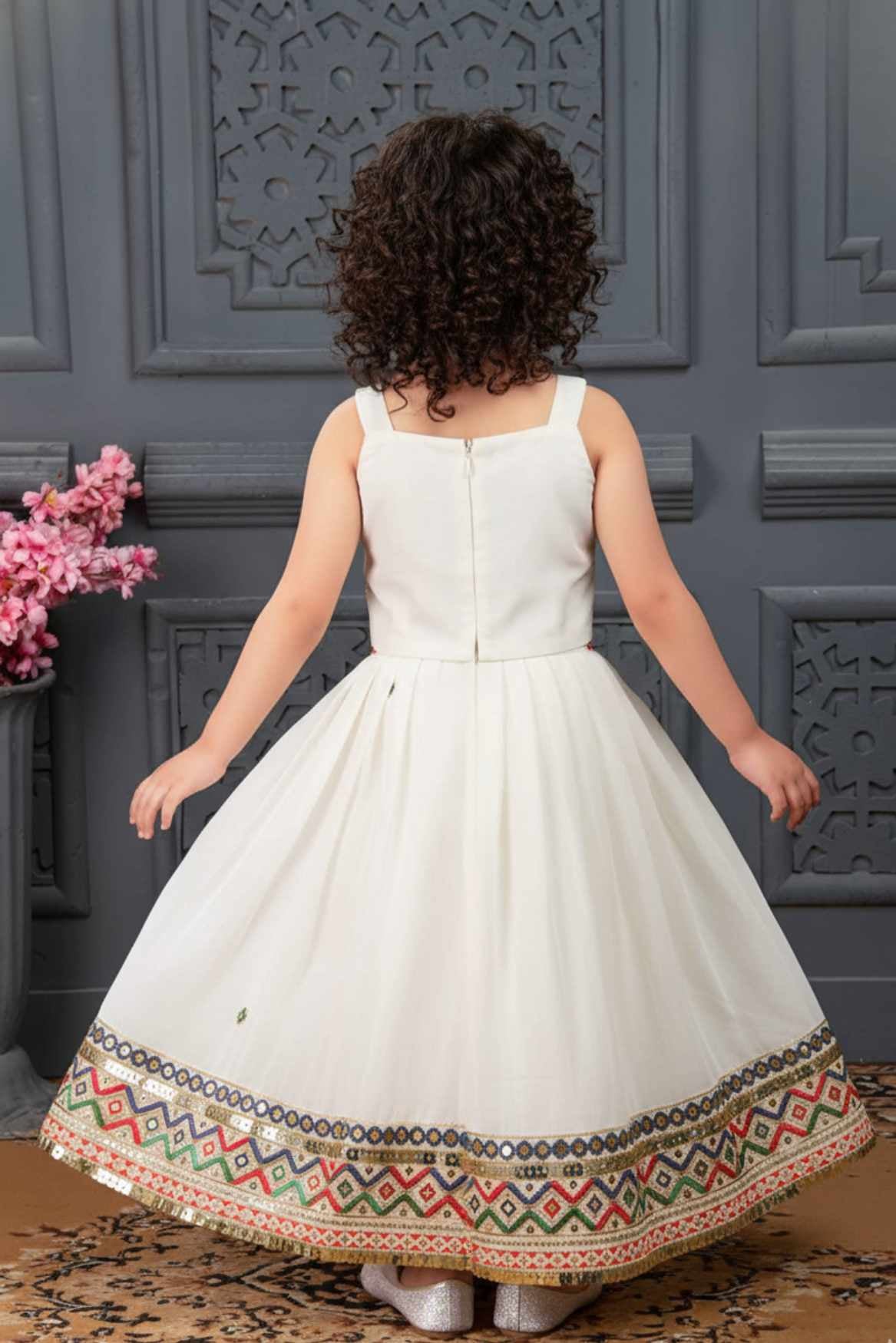 White Embroidered And Sequin Work Lehenga Choli For Girls