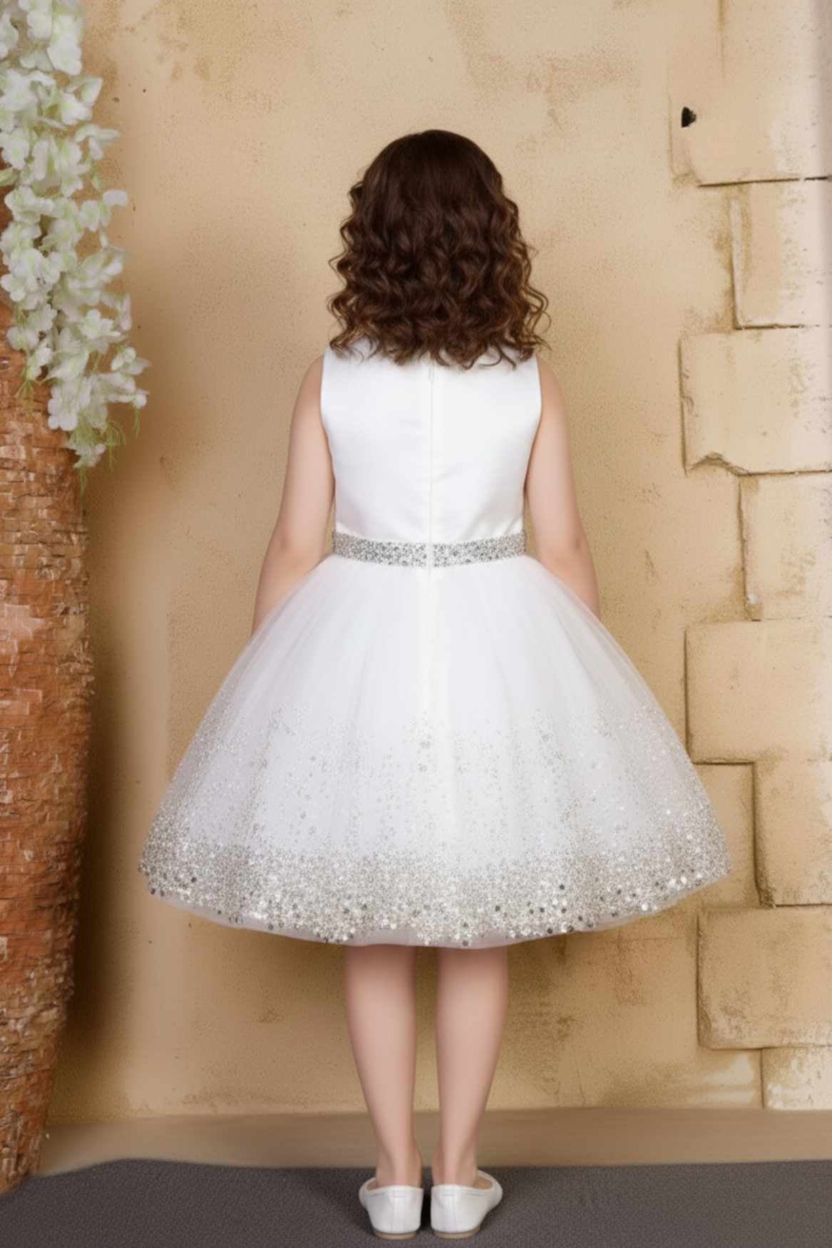 White Sequin Party Wear Frock With Bow For Girls