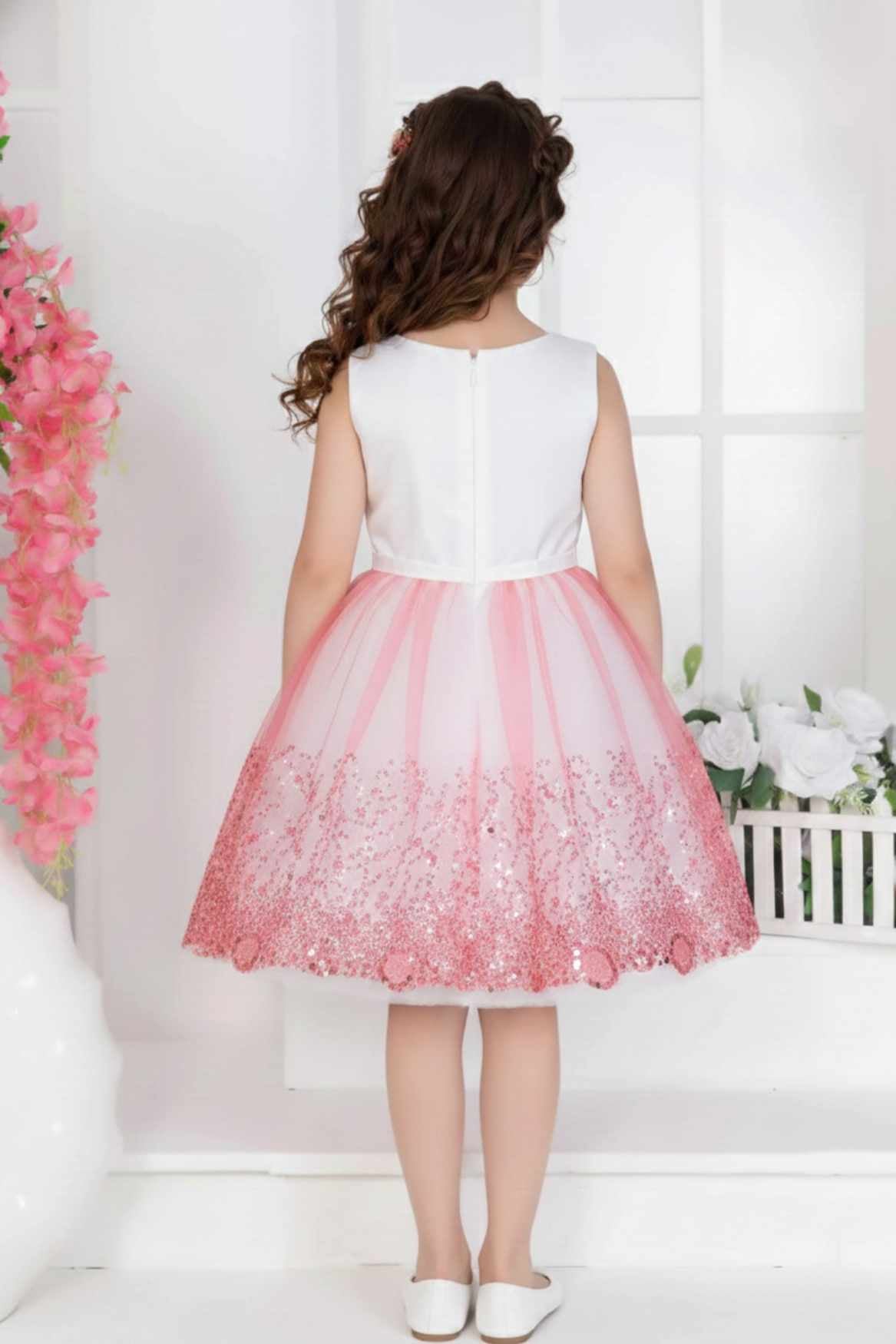 Gajri Pink Sequin Party Wear Frock with Bow For Girls
