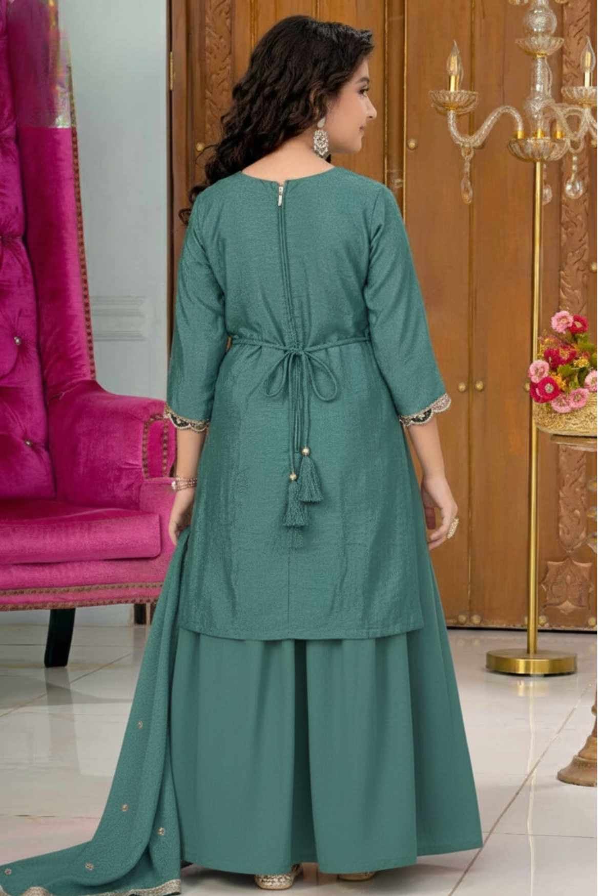 Rama Green Embroidered Lehenga Set for Girls
