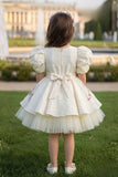 Cream Floral Embroidered Puff Sleeve Party Frock For Girls