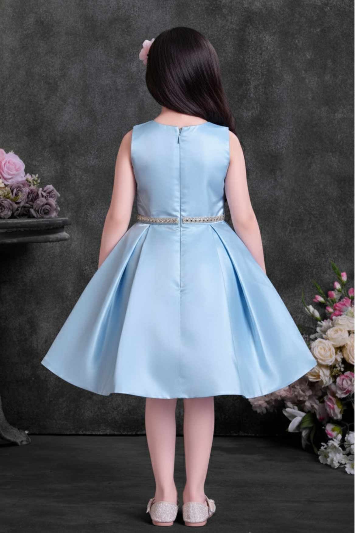 Powder Blue Party Wear Frock with Pink Bow Appliqué And Flared Skirt For Girls
