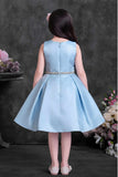 Powder Blue Party Wear Frock with Pink Bow Appliqué And Flared Skirt For Girls