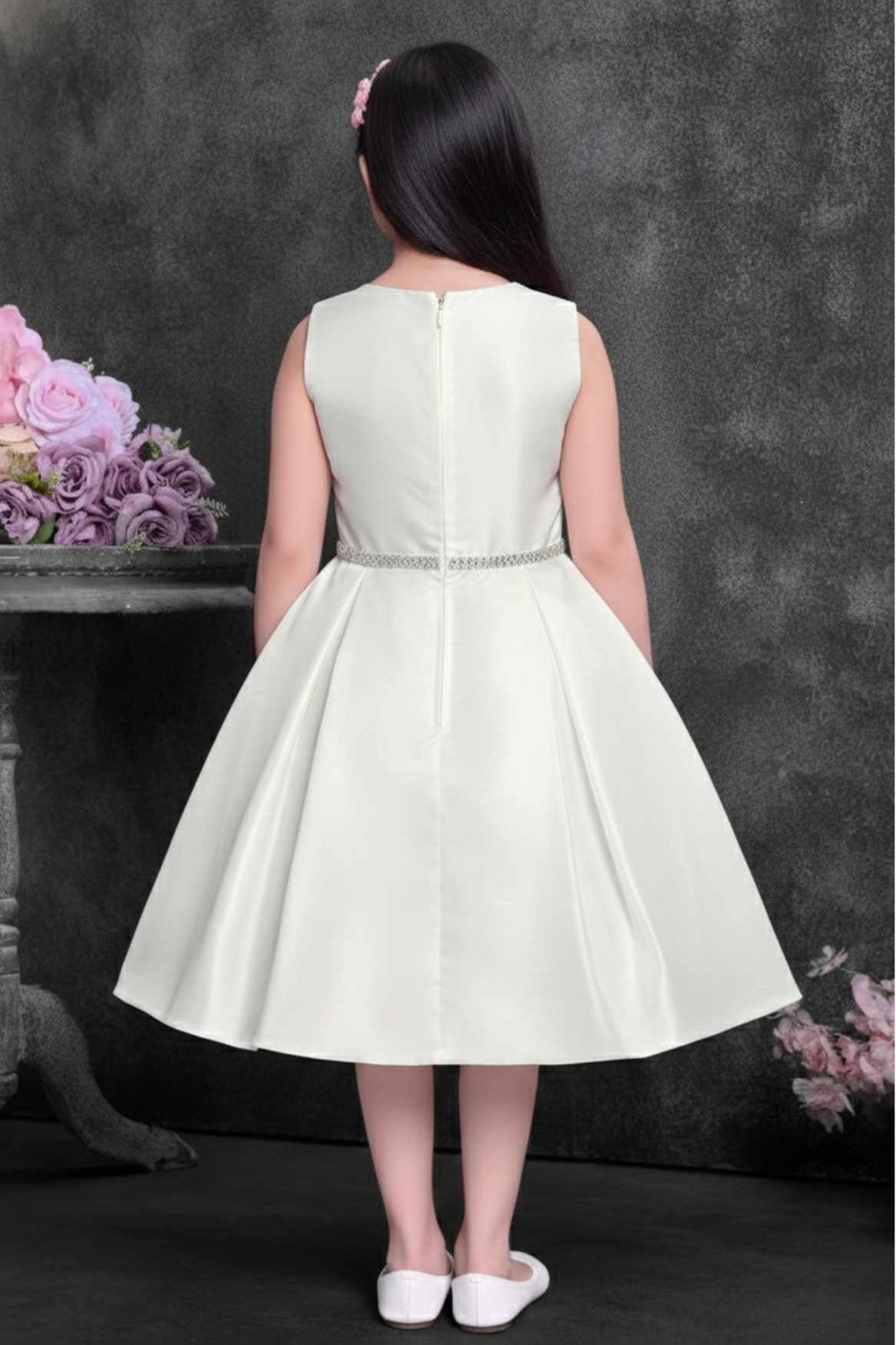 Off-White Party Wear Frock with Pink Bow Appliqué And Flared Skirt For Girls
