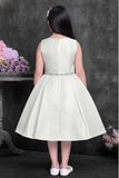 Off-White Party Wear Frock with Pink Bow Appliqué And Flared Skirt For Girls