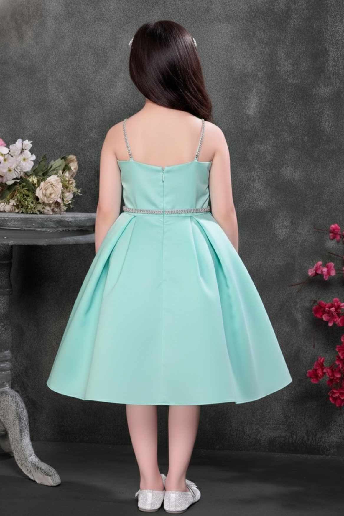 Light Blue Floral Appliqué Party Wear Frock with Pleated Skirt For Girls