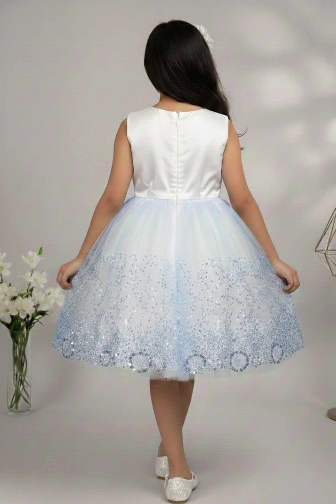 Blue Sequin Party Wear Frock With Bow For Girls