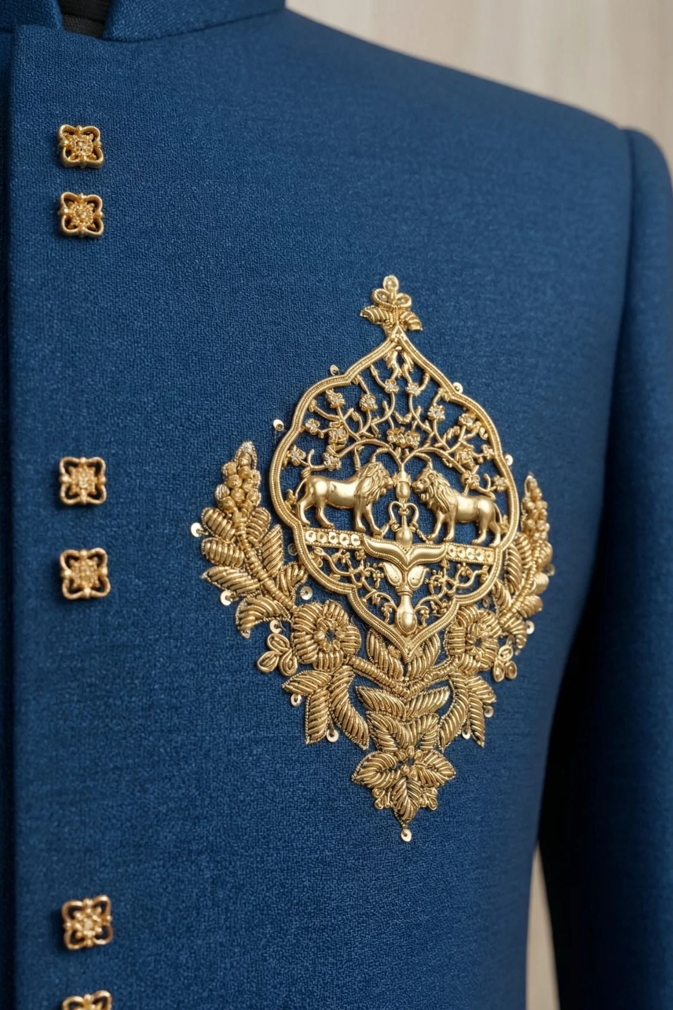 Elegant Boys Royal Blue Sherwani with Gold Motif Embroidery And Pyjama Set