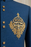 Elegant Boys Royal Blue Sherwani with Gold Motif Embroidery And Pyjama Set