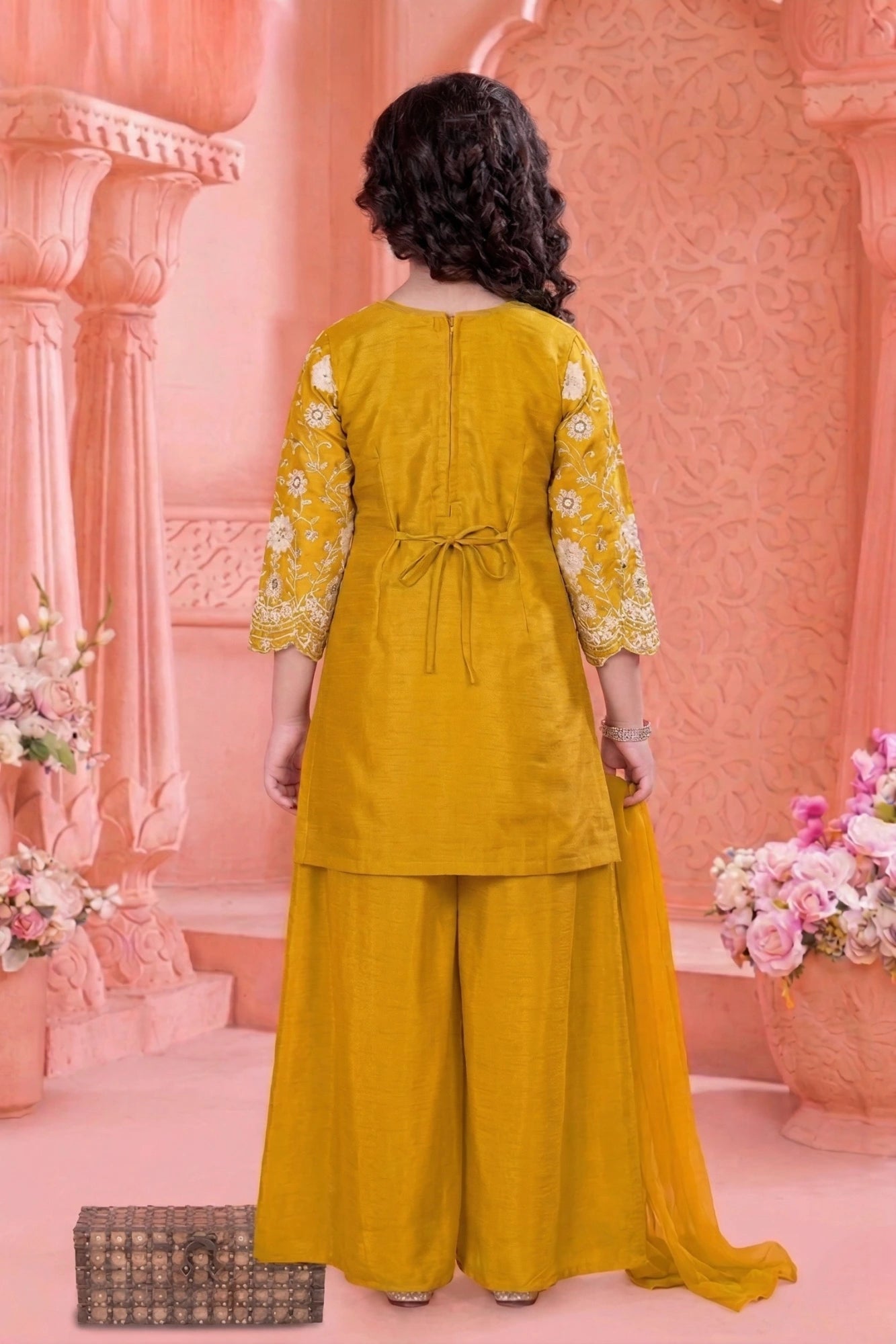 Mustard Yellow Zari Embroidered Palazzo Set For Girls