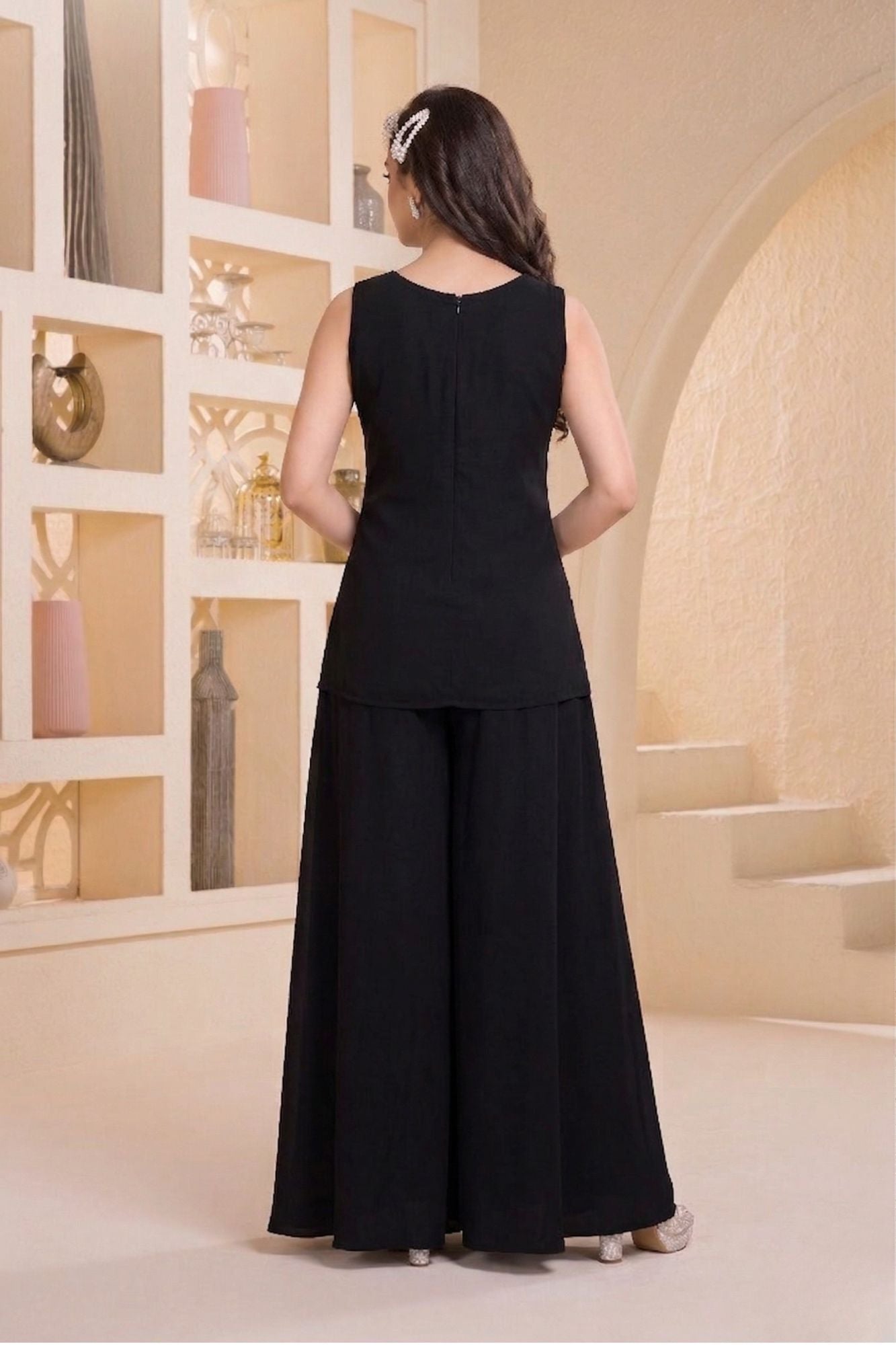Black Silver Embroidered Georgette Palazzo Set For Girls