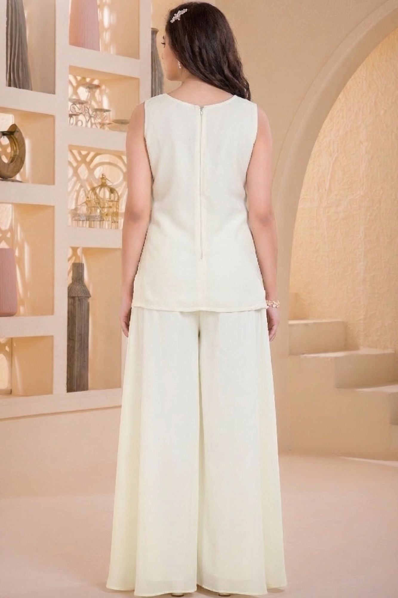 White Embroidered Georgette Palazzo Set For Girls